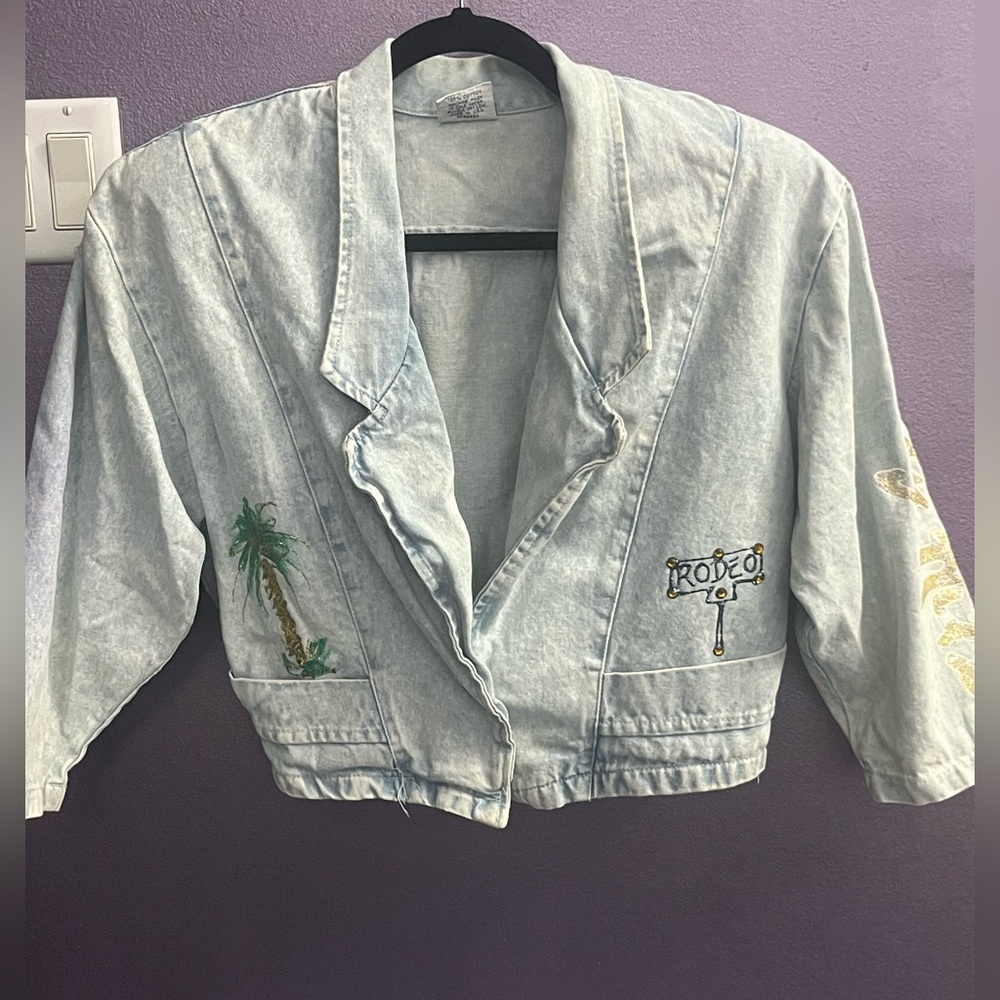 RIO Beverly Hills airbrushed glitter crystals bolero crop jean denim jacket 1990 - Picture 2 of 11